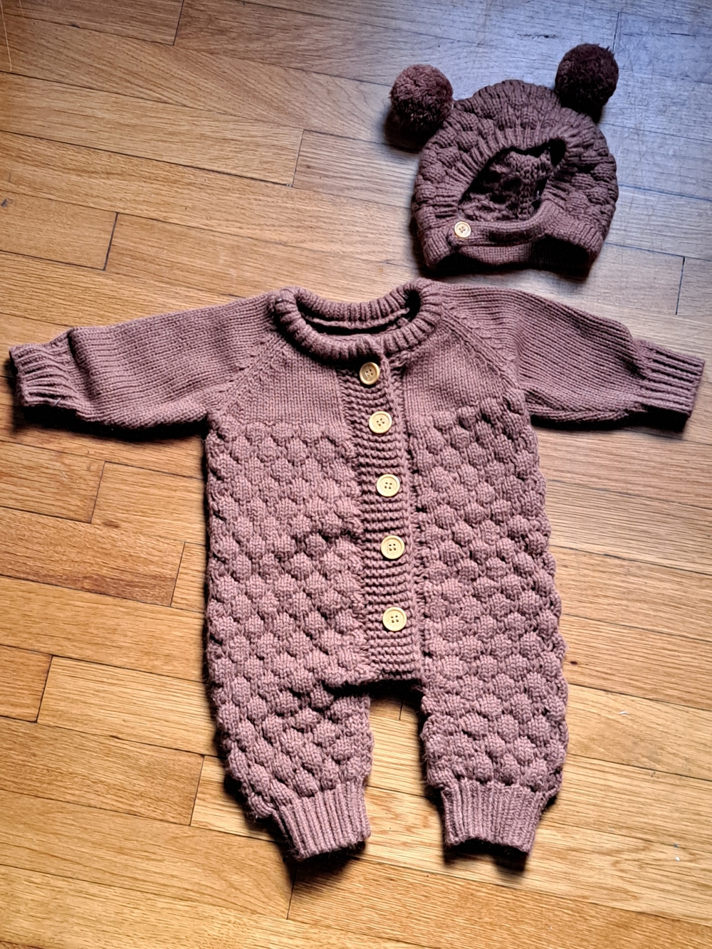 Mauve Knitted Baby One-Piece with Pom Hat